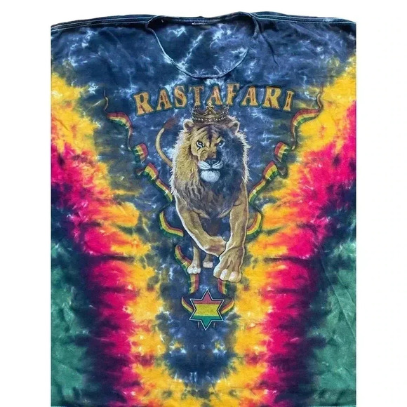 Vintage Rastafari Lion Men's All Over Tie Dye Reggae T-Shirt Cut Collar 2XL/3XL - Picture 3 of 7